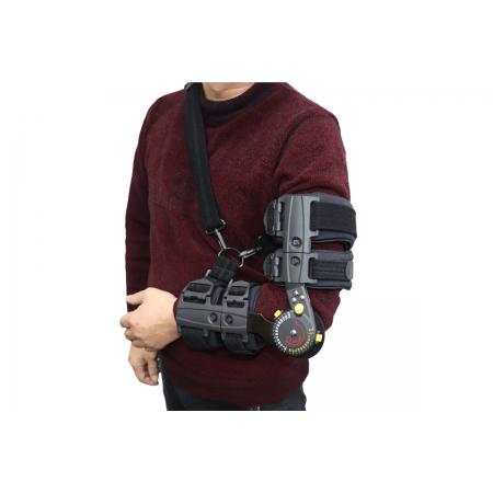 ROM hinged elbow splint brace with push-button sliders